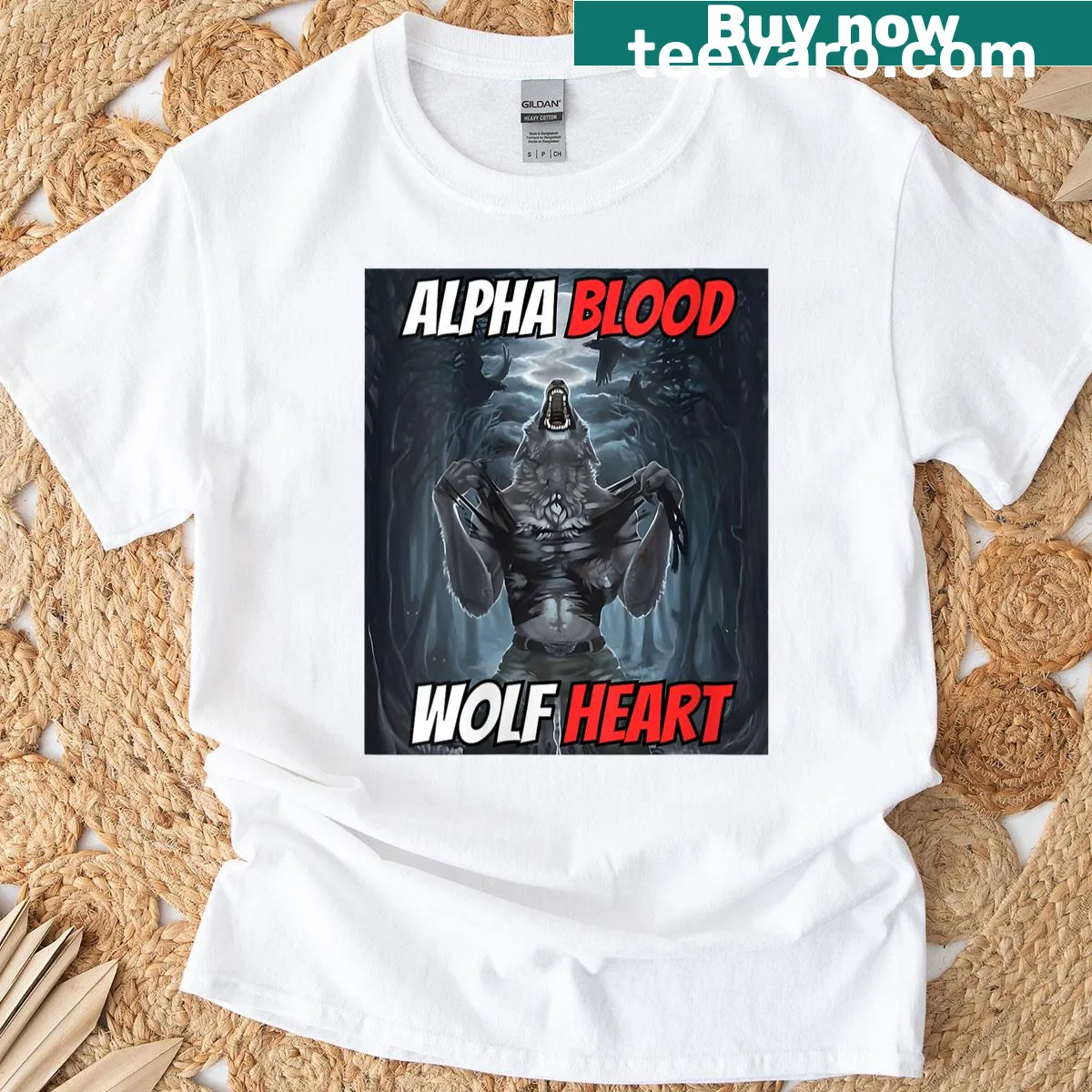 Funny Alpha Wolf meme T-shirt with heart design for women. — on a men's t-shirt