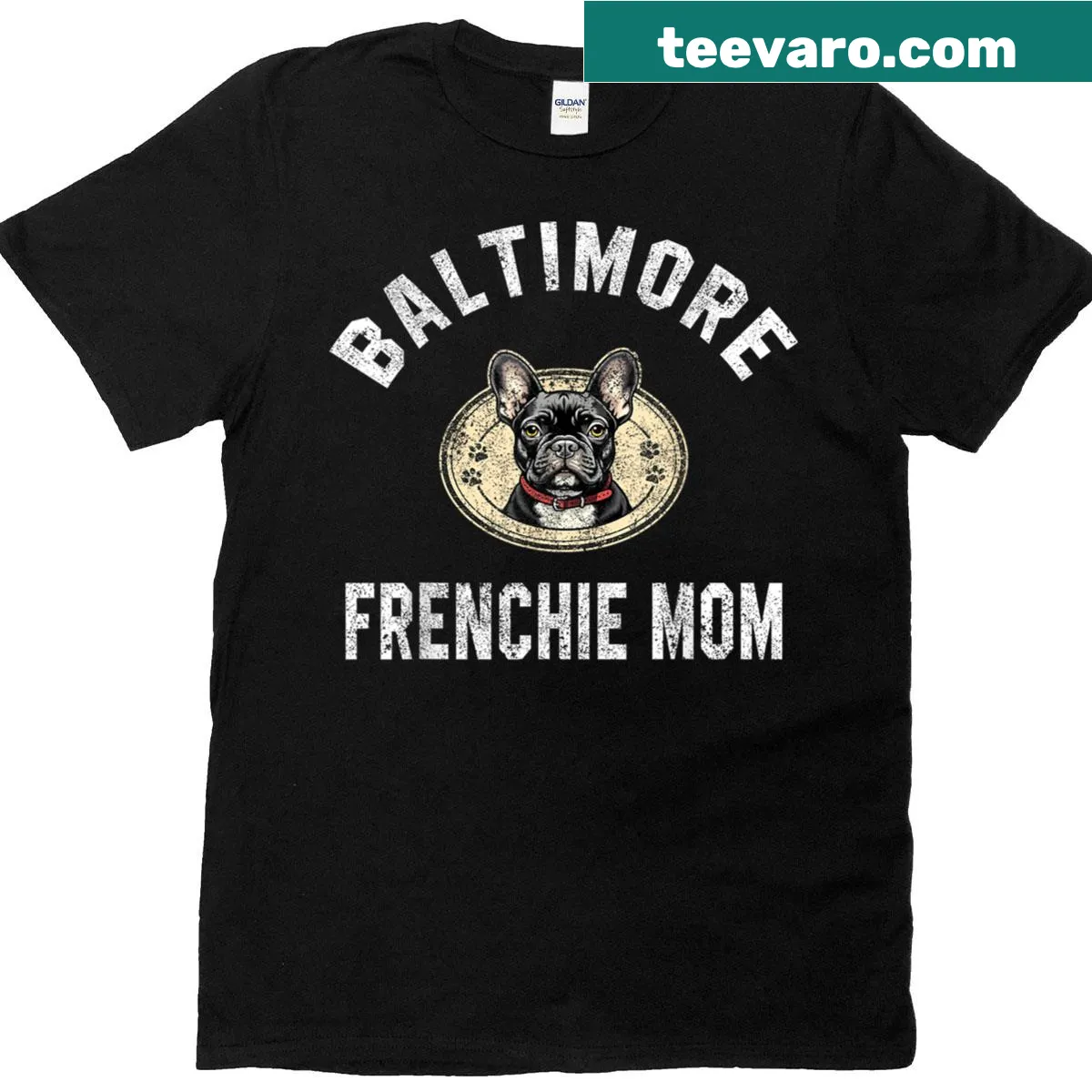 Illustration of a French Bulldog with 'Baltimore Frenchie Mom' text — on a men's t-shirt