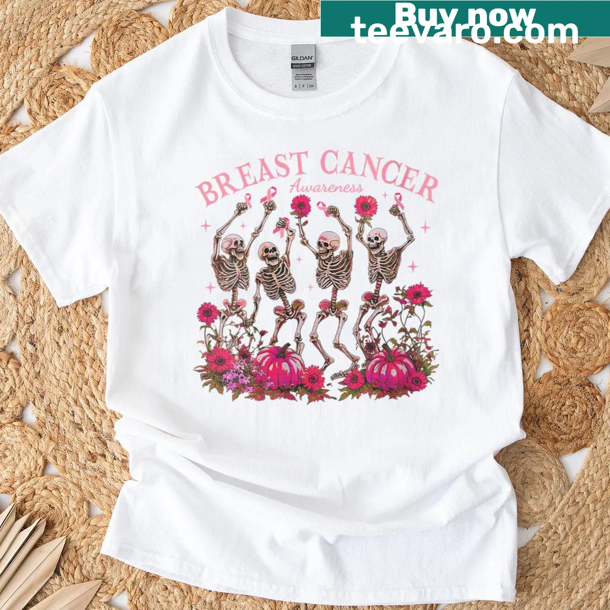 Dancing skeleton with pumpkins for breast cancer awareness — on a men's t-shirt