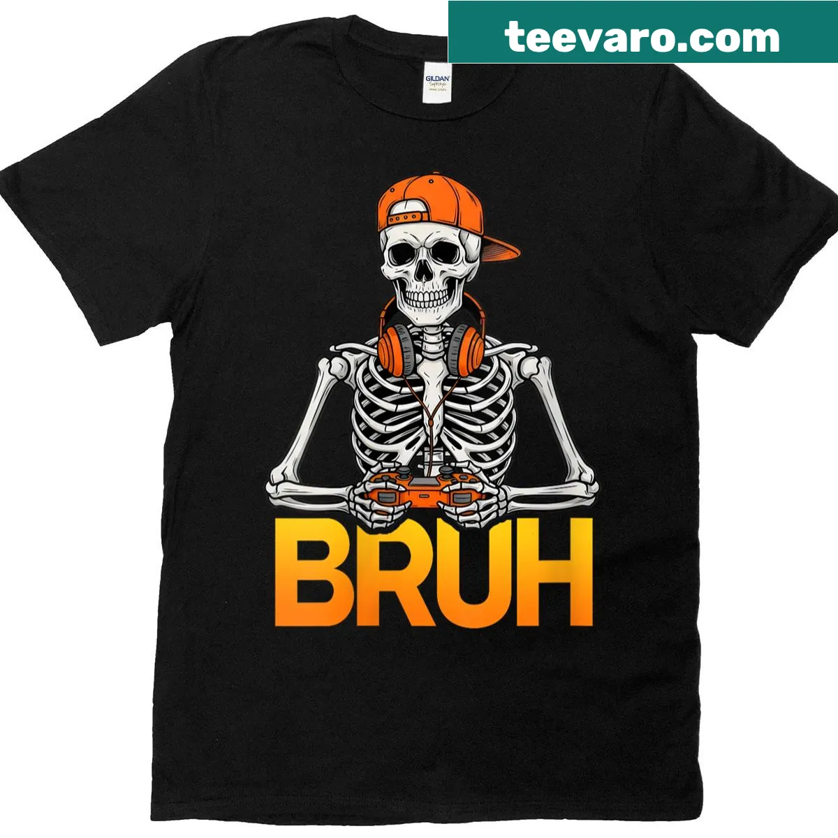 T-shirt with a cartoon skeleton holding a video game controller for Halloween — on a men's t-shirt