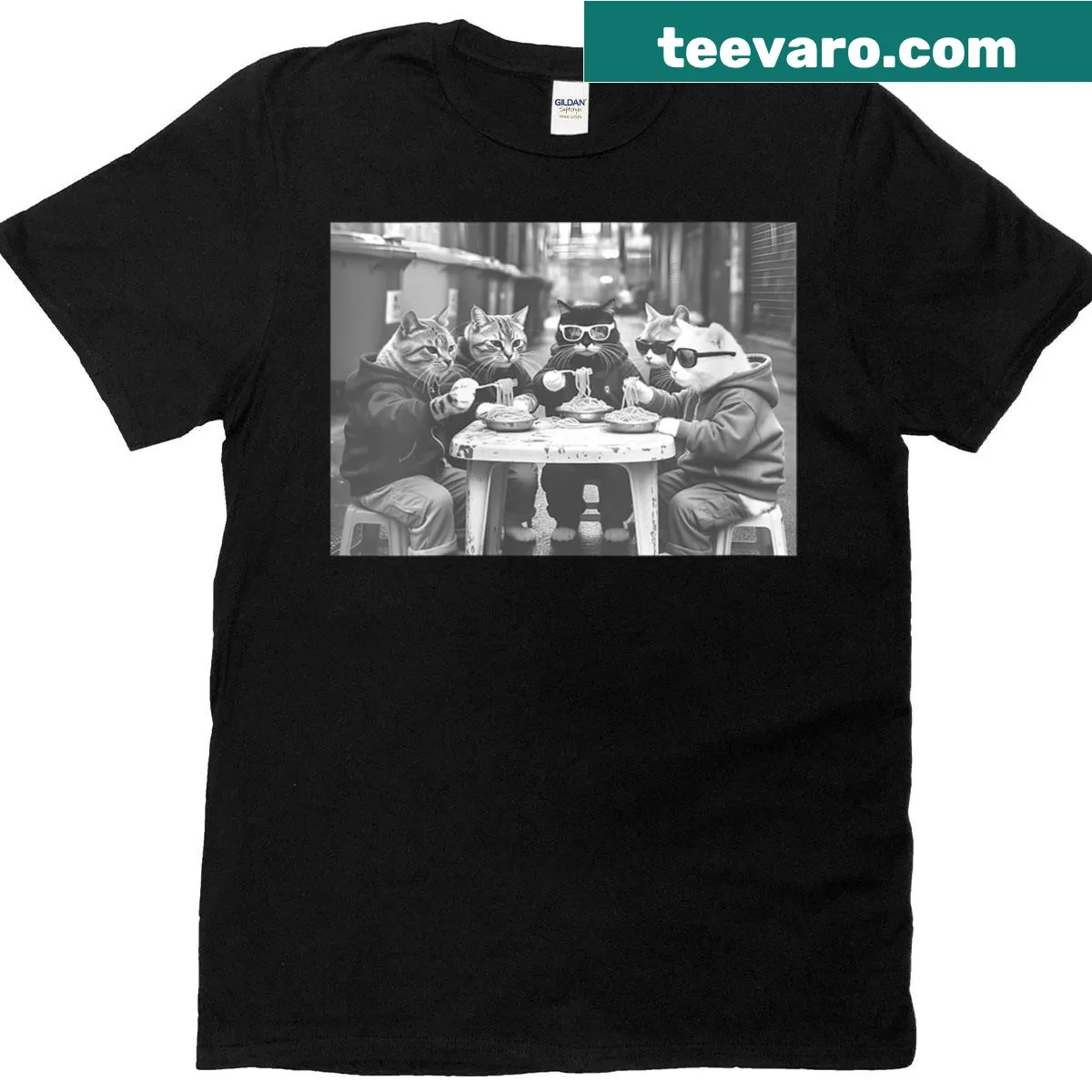 Playful cartoon of cats enjoying street food on a t-shirt — on a men's t-shirt