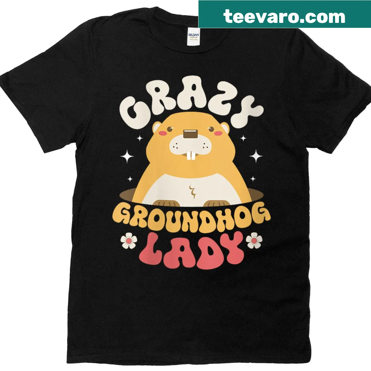 Cartoon groundhog t-shirt with 'Crazy Groundhog Lady' text — on a men's t-shirt