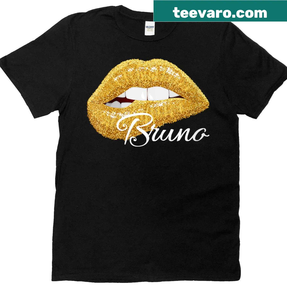 Cute t-shirt featuring golden lips illustration for Bruno lovers — on a men's t-shirt