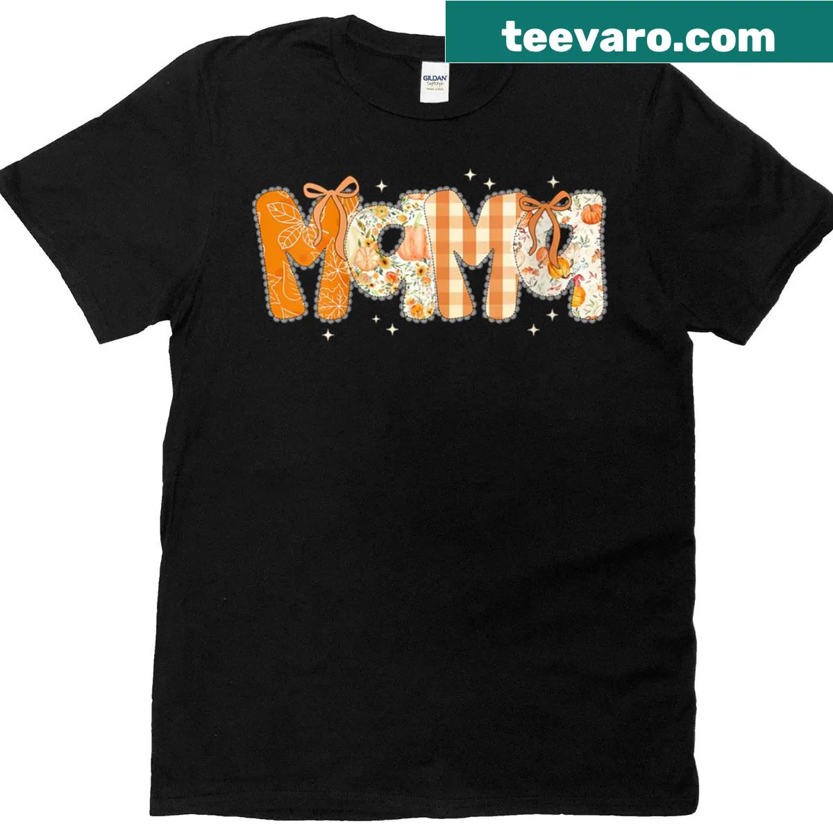Floral Thanksgiving t-shirt with pumpkins and bows for moms — on a men's t-shirt