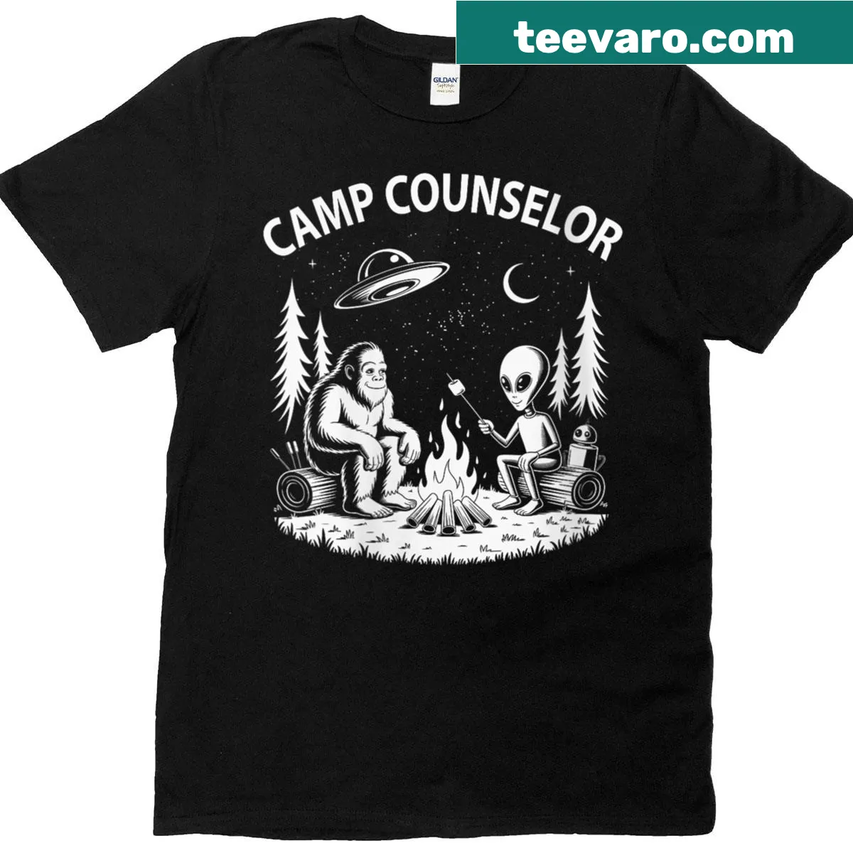 Funny summer camp counselor t-shirt with alien and Bigfoot graphics — on a men's t-shirt