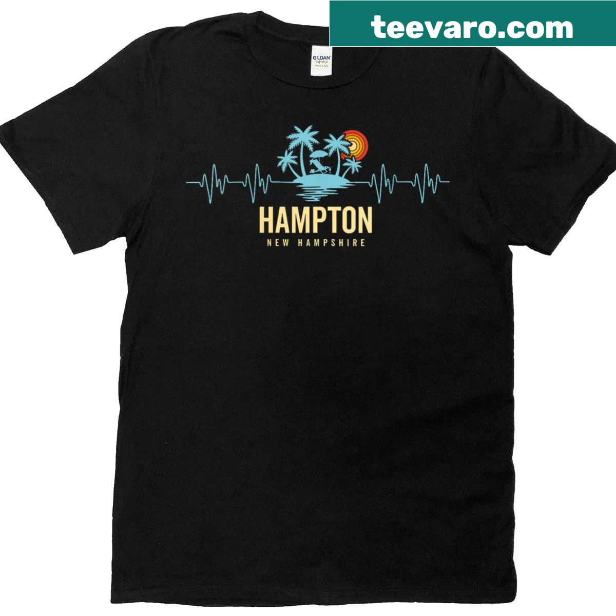Retro beach t-shirt with heartbeat design celebrating Hampton Beach — on a men's t-shirt