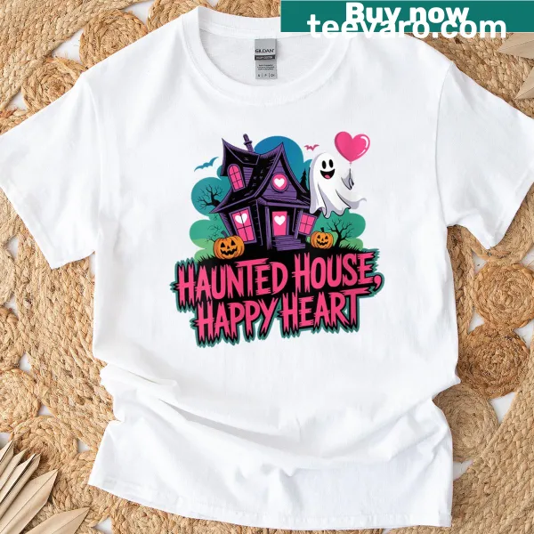 Cute Halloween ghost and haunted house illustration t-shirt
