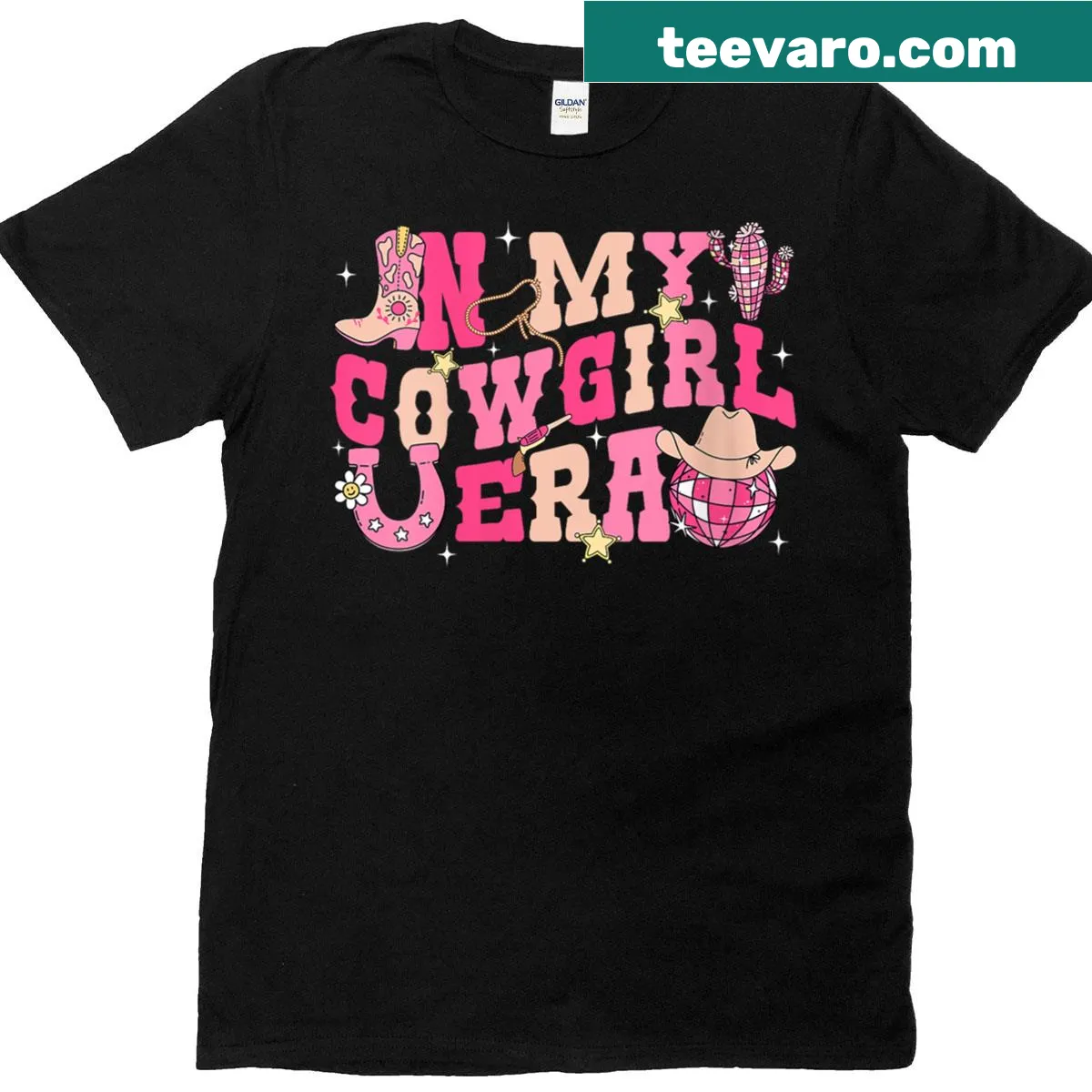 Cute typography shirt for women with 'In My Cowgirl Era' text — on a men's t-shirt