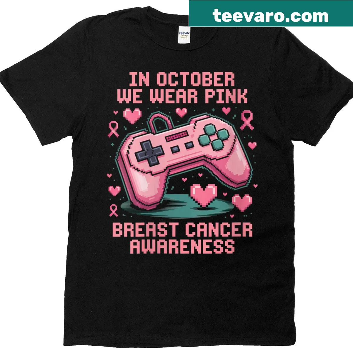 Breast cancer awareness shirt with 'In October We Wear Pink' text — on a men's t-shirt