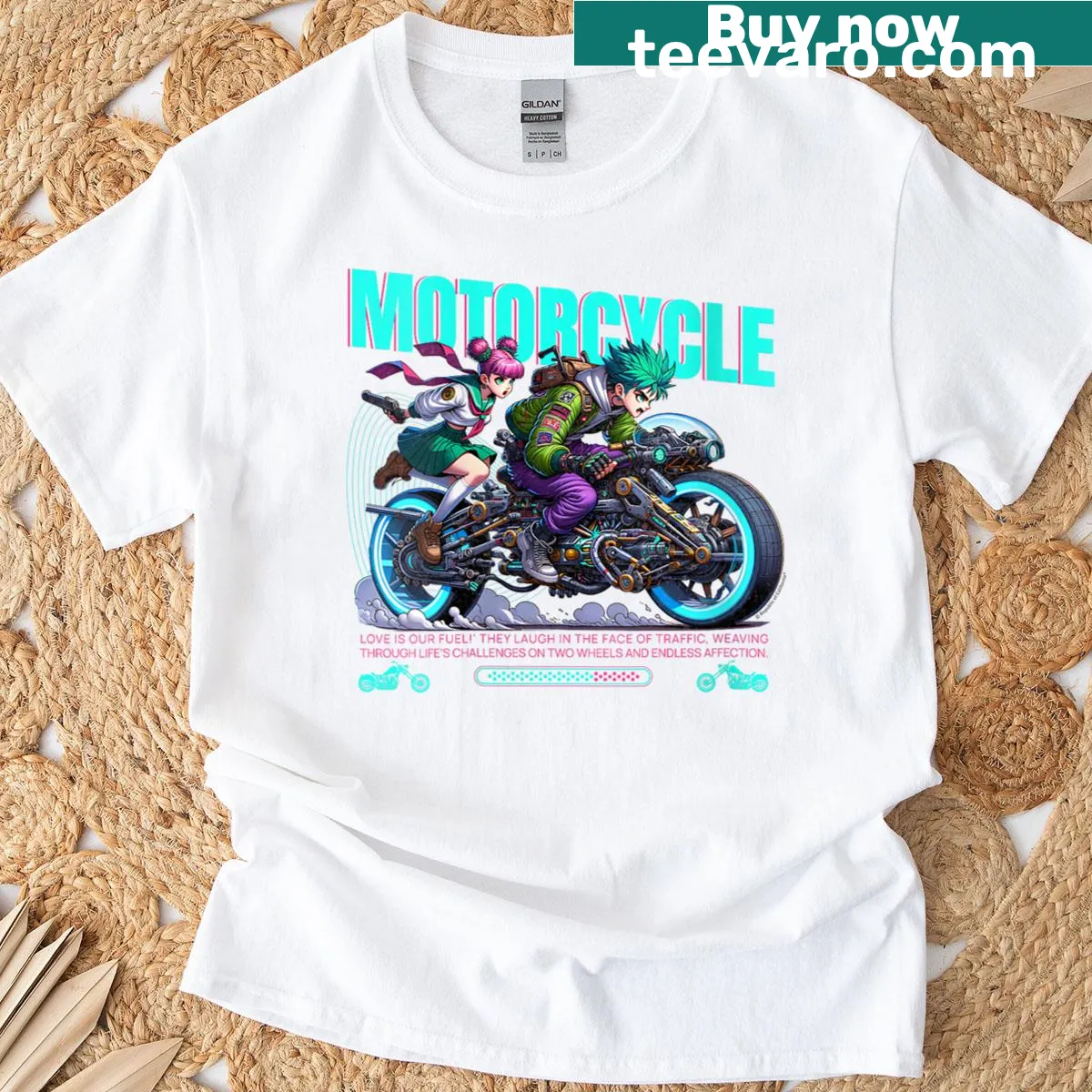 Vintage motorcycle graphic with Love Is Our Fuel text on women's tee — on a men's t-shirt