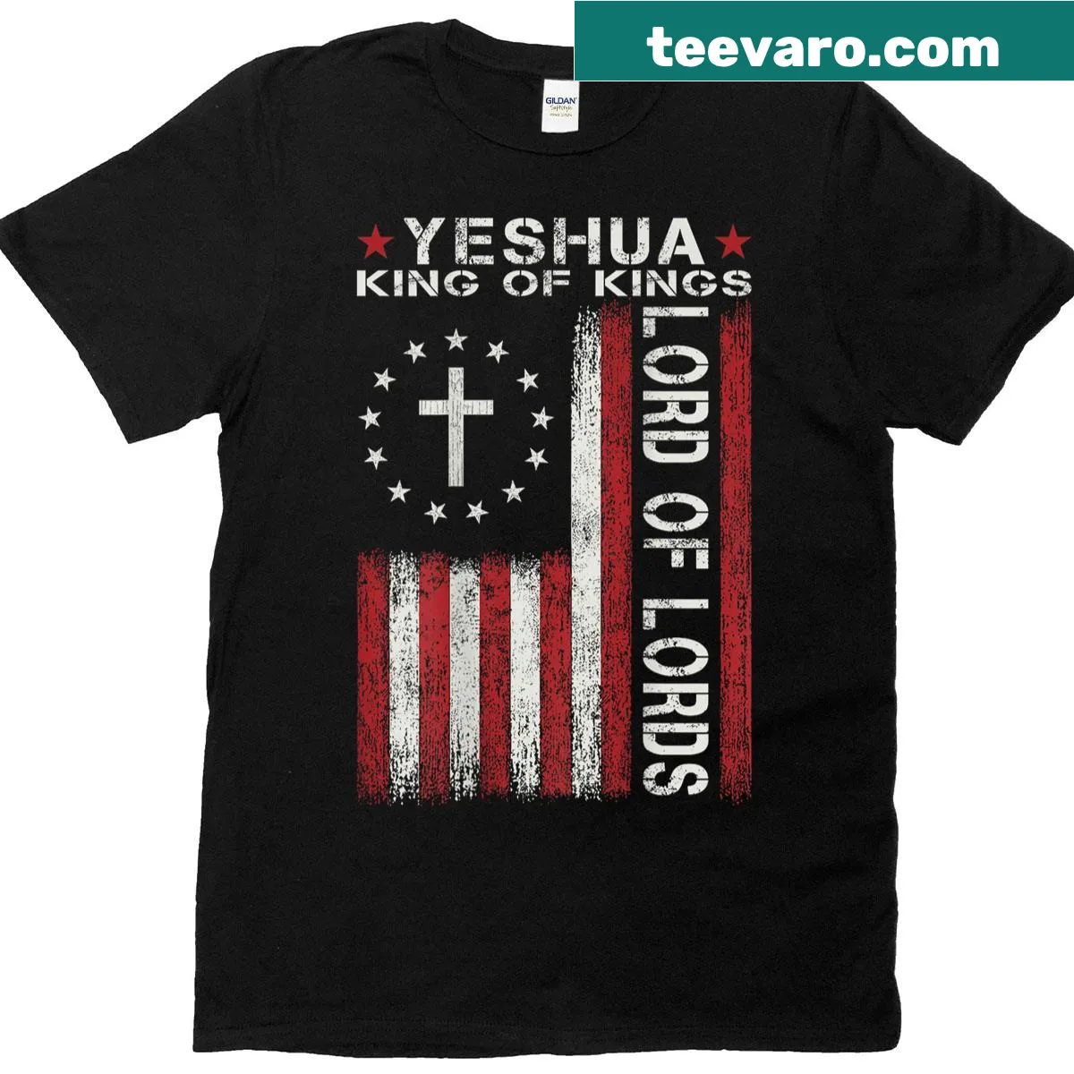 Christian t-shirt with text: Yeshua Jesus Is King and a cross — on a men's t-shirt