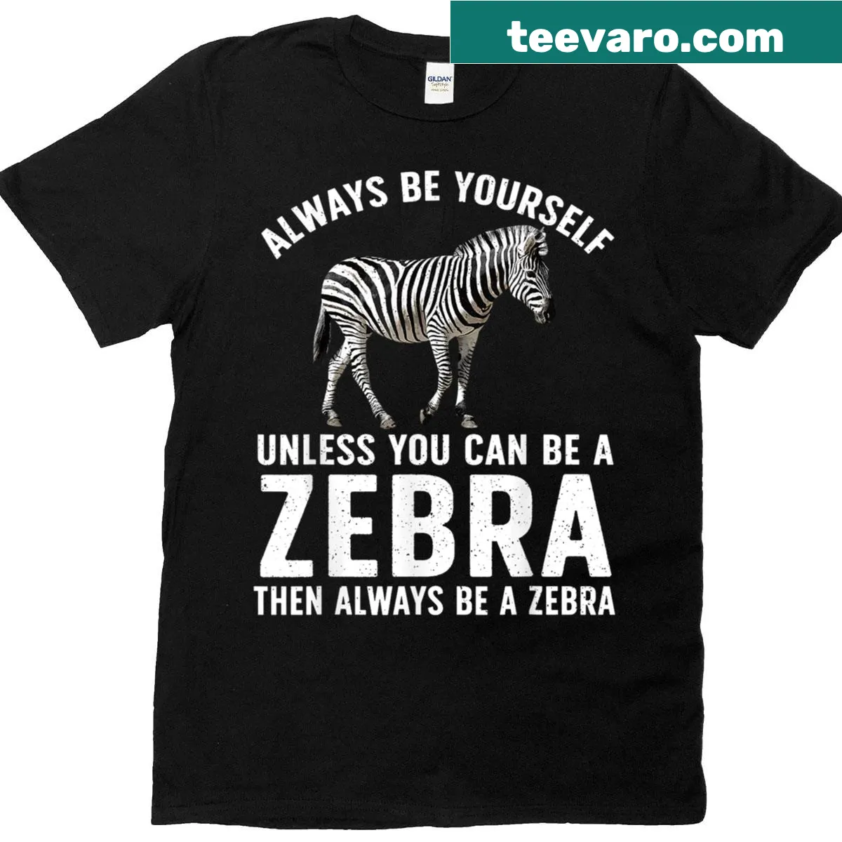 Zebra print T-shirt designed for men, women, and kids featuring a cartoon zebra graphic. — on a men's t-shirt