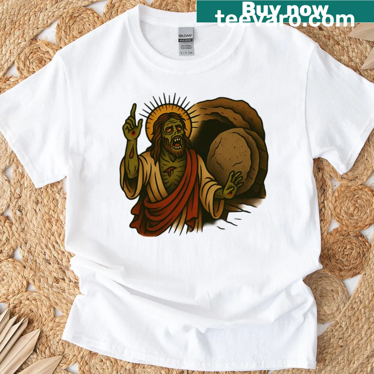 Zombie Jesus tattoo art graphic on a t-shirt — on a men's t-shirt