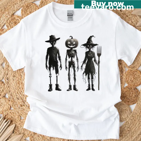 Playful T-shirt featuring a trio of whimsical zombies for Halloween.