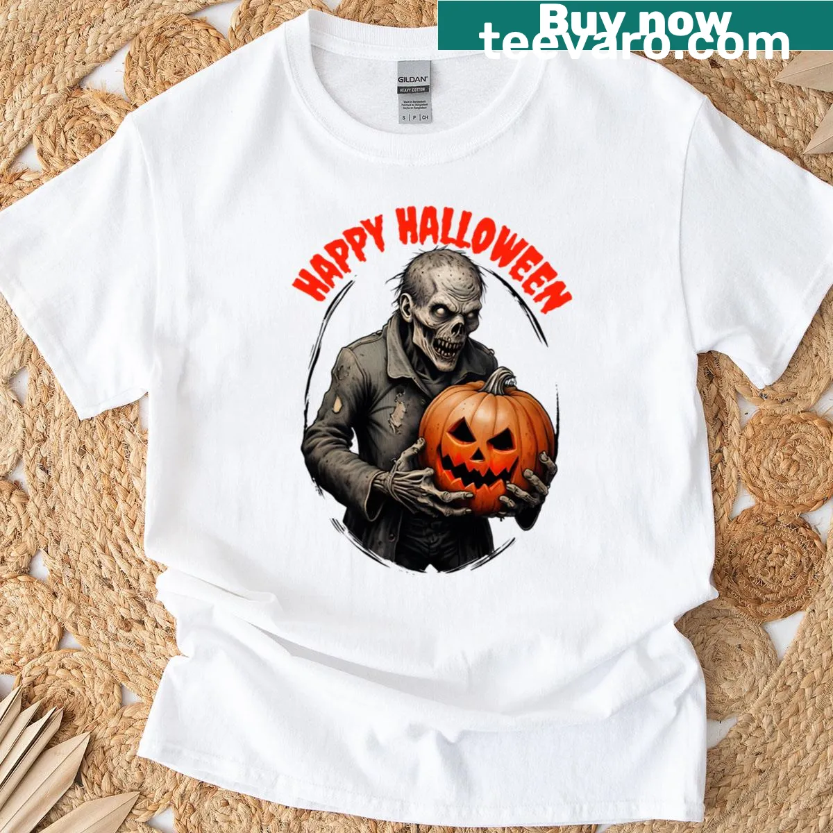 Friendly zombie holding a pumpkin graphic t-shirt for Halloween — on a men's t-shirt