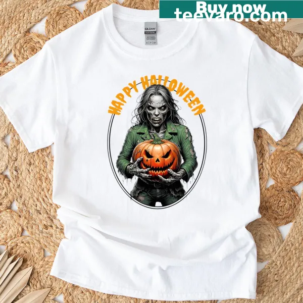 Cute zombie woman holding a pumpkin on T-shirt