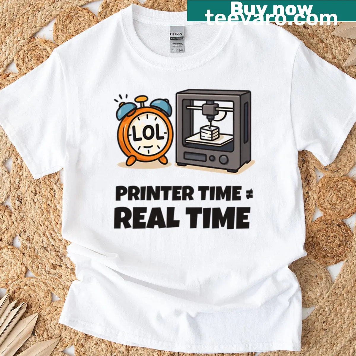 Playful 3D printer-themed oversized t-shirt — on a men's t-shirt