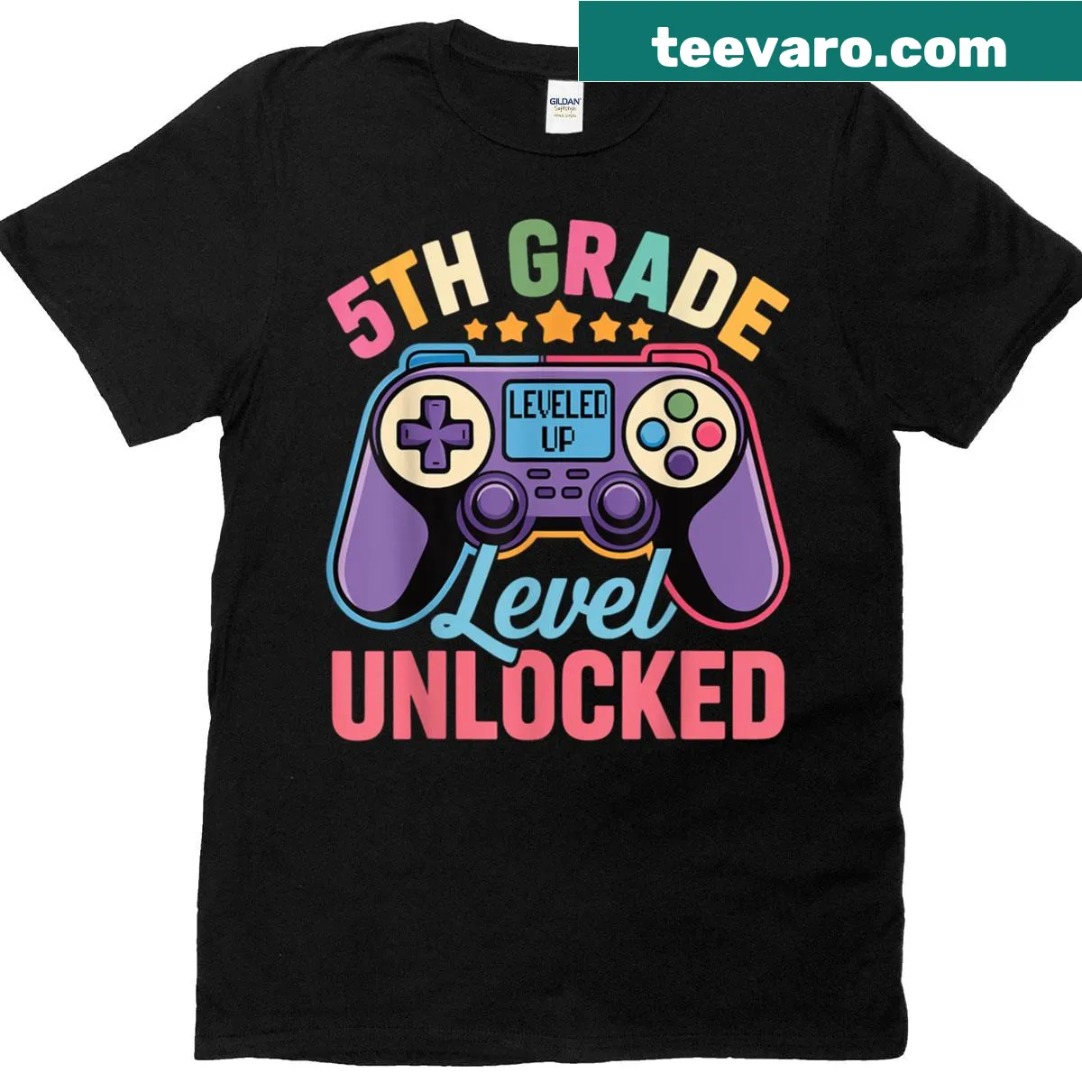 Graphic of '5th Grade Level Unlocked' with gaming elements on a T-shirt — on a men's t-shirt