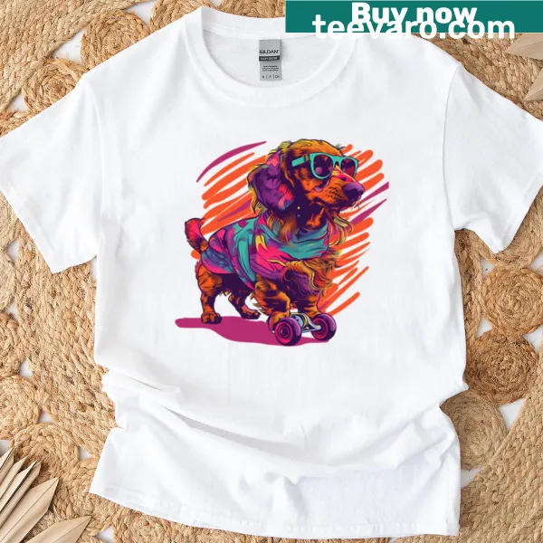 Retro oversized t-shirt featuring a dachshund on roller skates