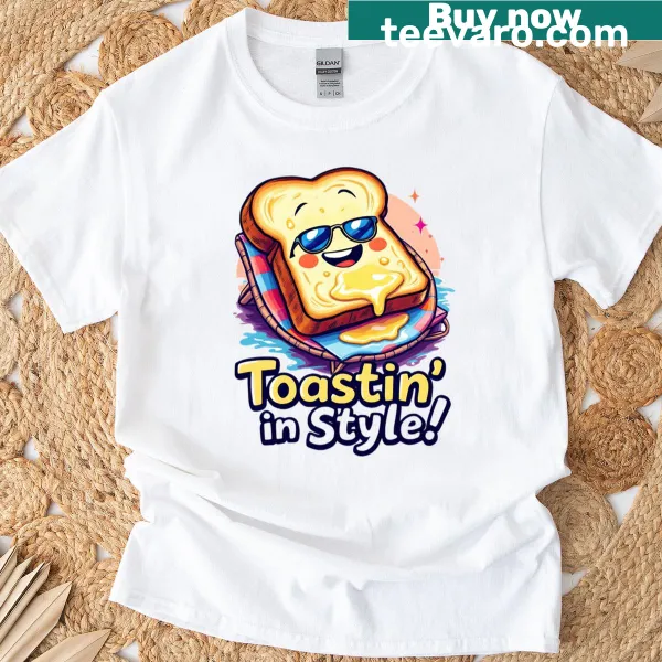 Cartoon sandwich t-shirt featuring a toasting sandwich with cheese.
