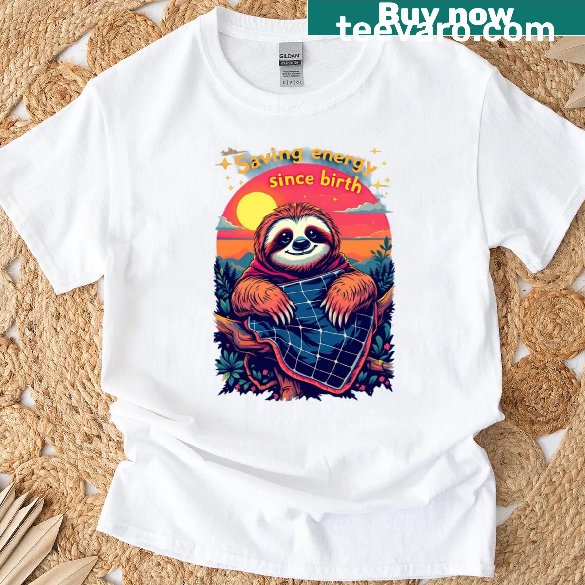 Adorable illustration of a sloth with a solar panel and sun background. — on a men's t-shirt