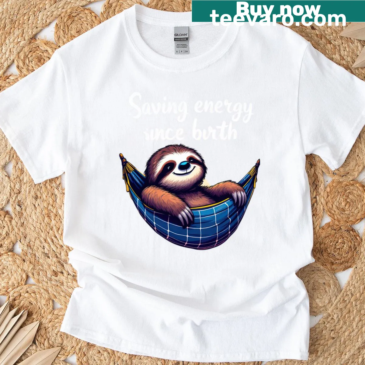 Sloth in a hammock with text about saving energy — on a men's t-shirt