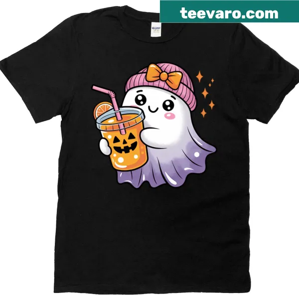 Cartoon ghost enjoying a pumpkin slurpee on a t-shirt