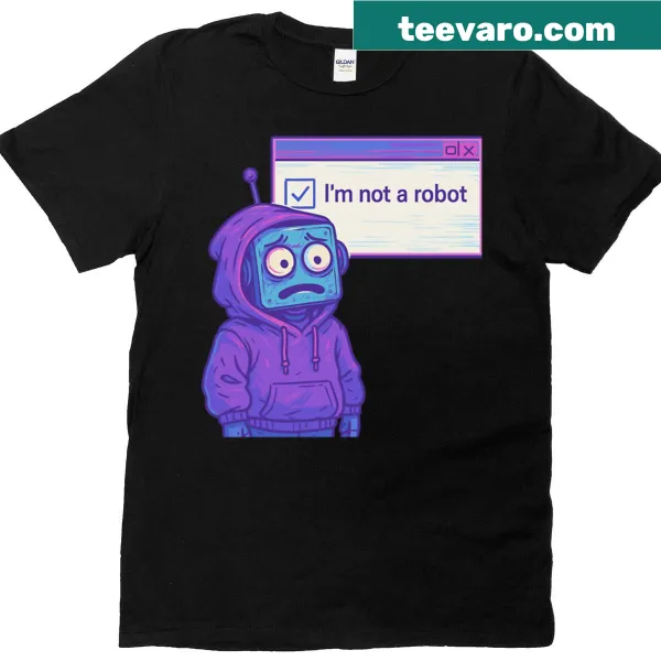 Anxious robot graphic facing a Captcha challenge on a t-shirt