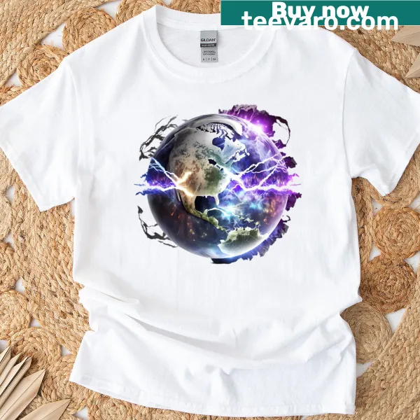 Apocalyptic planet and lightning graphic t-shirt
