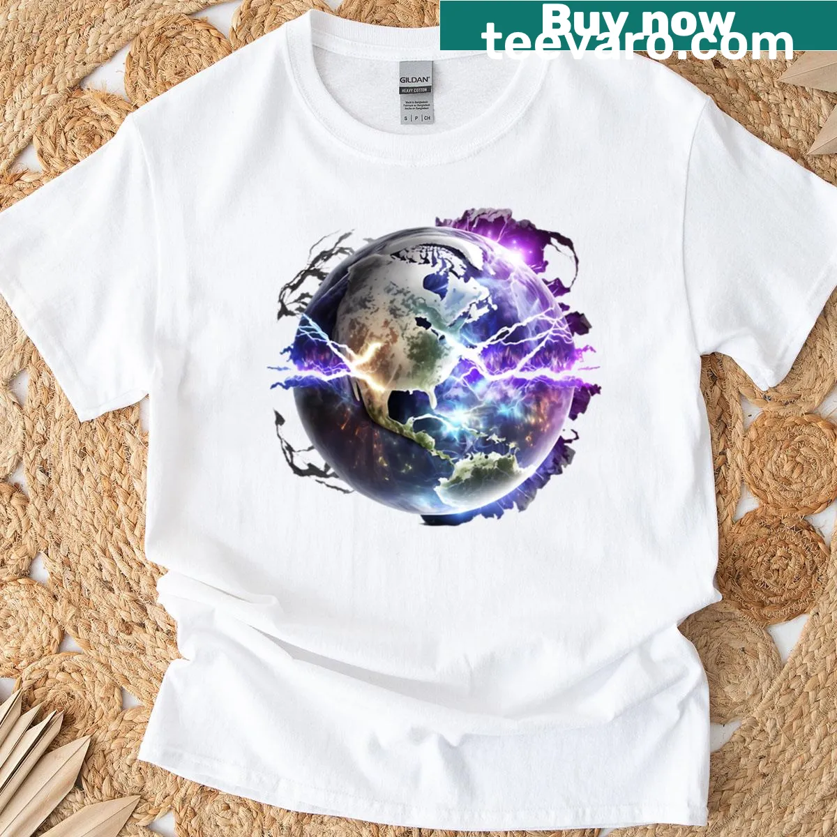 Apocalyptic planet and lightning graphic t-shirt — on a men's t-shirt