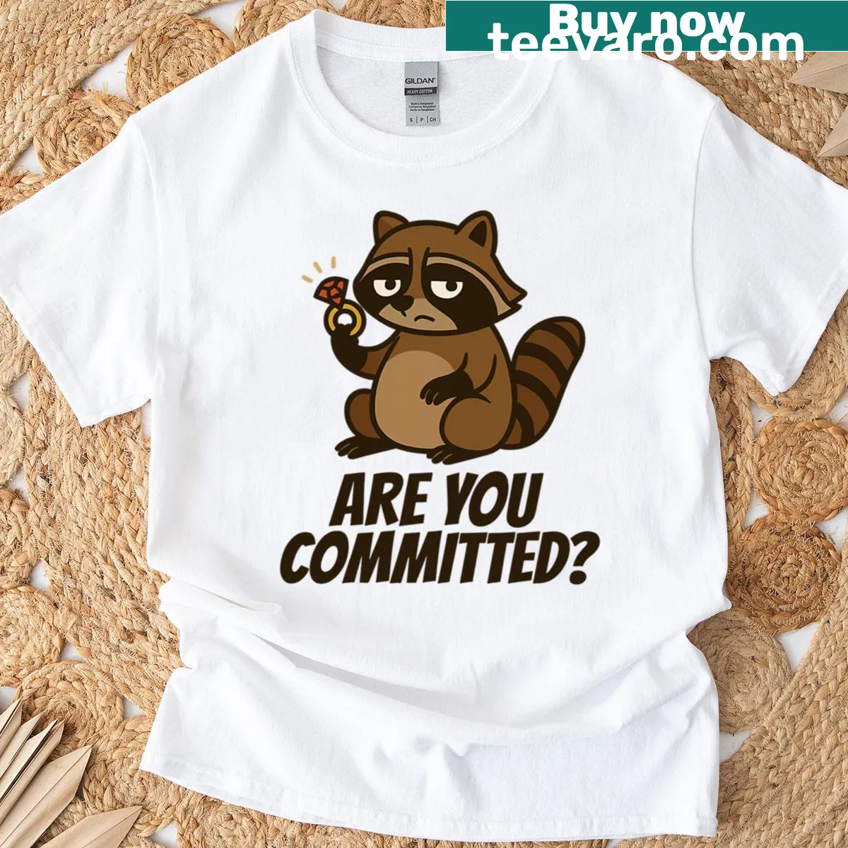 Cute derpy raccoon with the text 'Are You Committed?' on a t-shirt — on a men's t-shirt