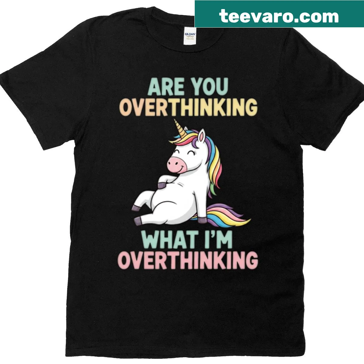Lazy unicorn with text about overthinking on a t-shirt — on a men's t-shirt