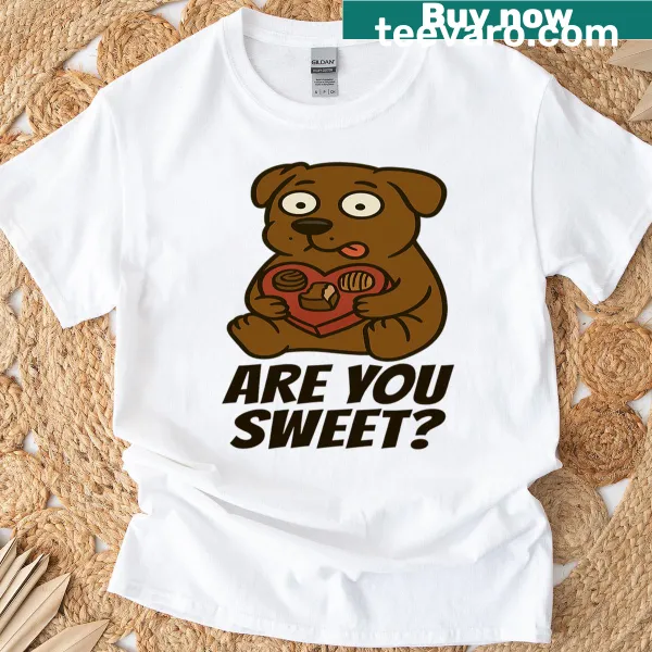 Cute derpy dog with the text 'Are You Sweet?' on a t-shirt