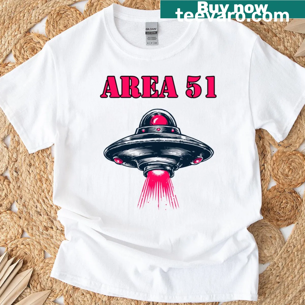 Bold Area 51 text graphic on a t-shirt — on a men's t-shirt