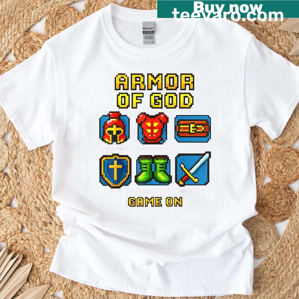 Pixelated armor of God graphic on a youth T-shirt for gamers — on a men's t-shirt