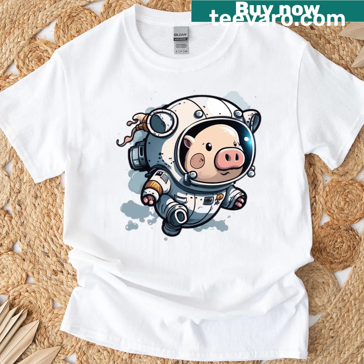 Cartoon of a pig in an astronaut suit on an oversized T-shirt — on a men's t-shirt