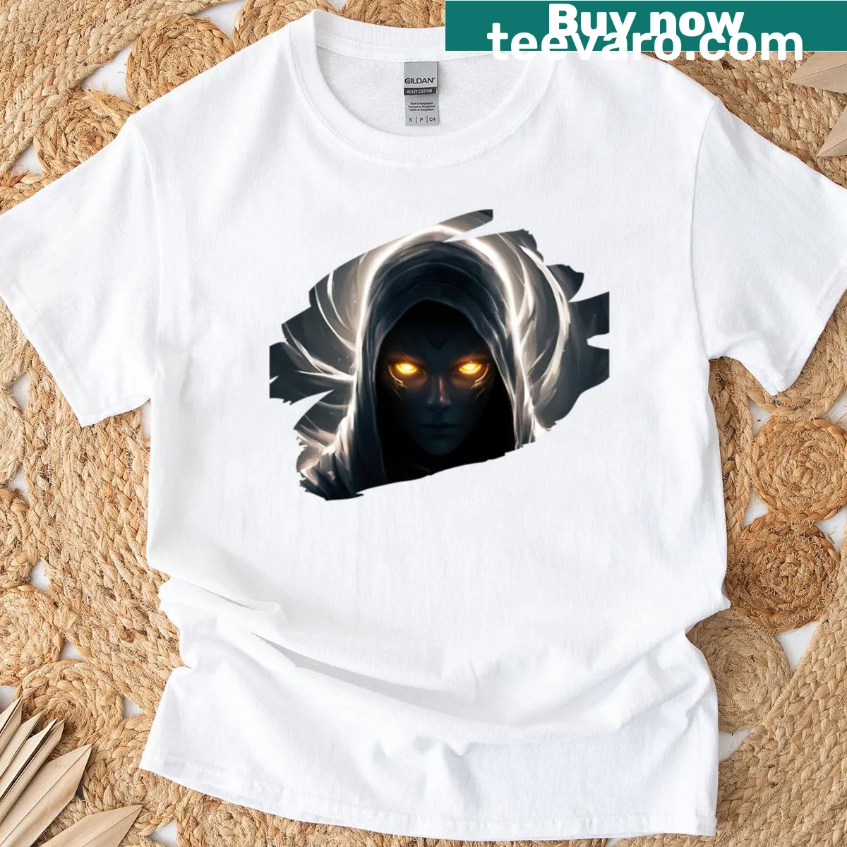 Glowing graphic of augmented eyes on a dark-themed T-shirt — on a men's t-shirt