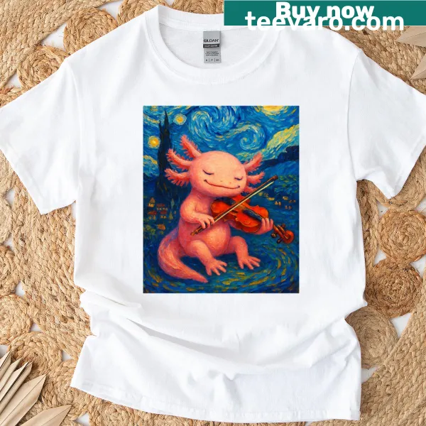 Axolotl playing violin under a starry night t-shirt