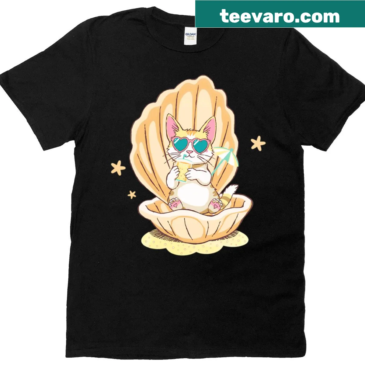 Whimsical cat lounging in a shell with cocktail heart shades graphic — on a men's t-shirt