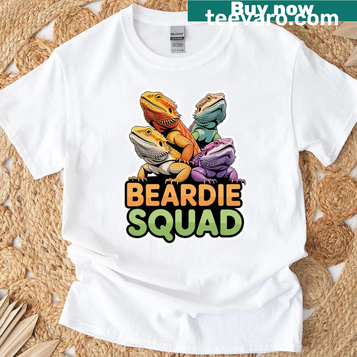 Funny Beardie Squad illustration on oversized T-shirt for lizard lovers — on a men's t-shirt