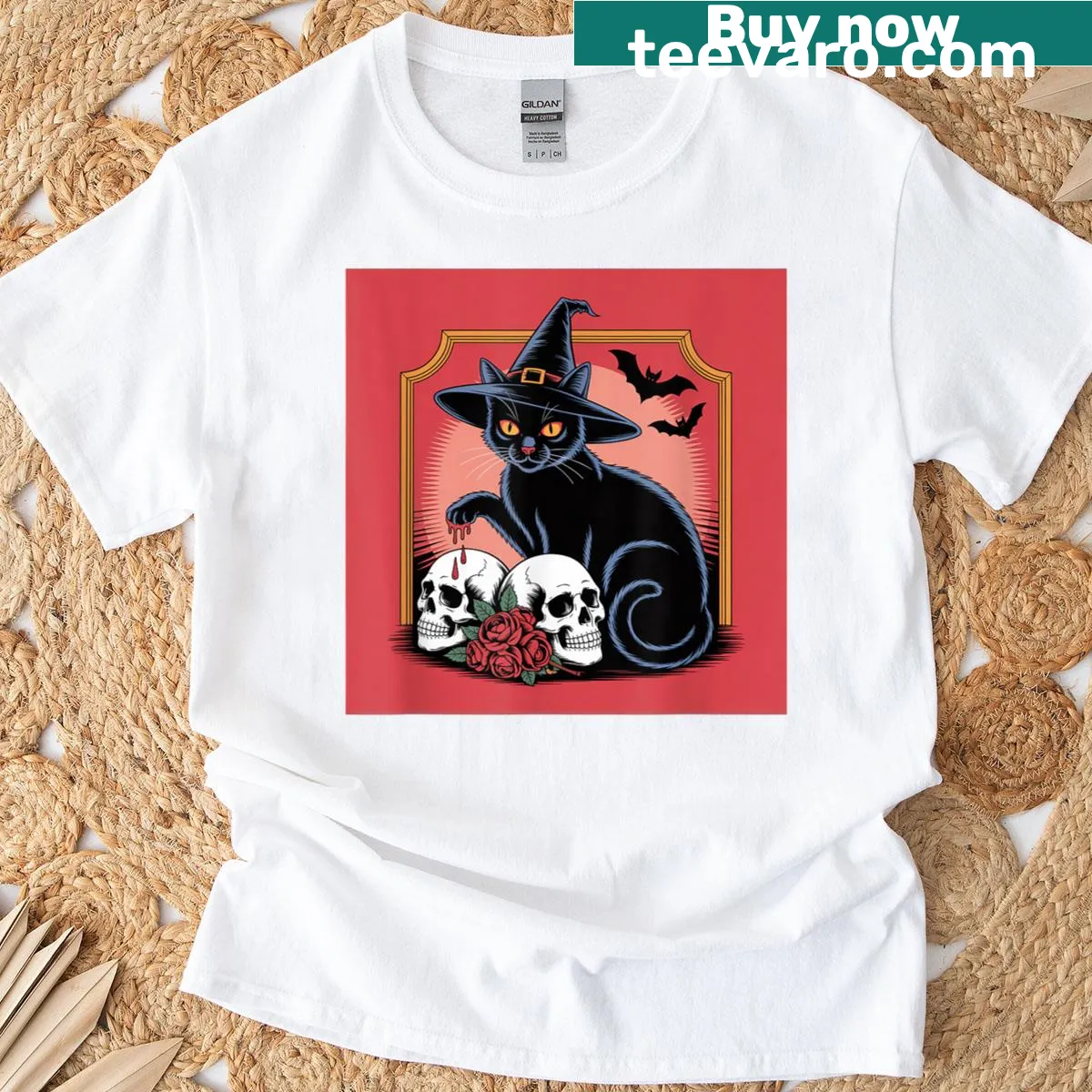 Halloween t-shirt with a black cat, witch hat, skulls, roses, and bats — on a men's t-shirt