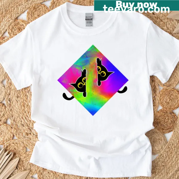 Illustration of black cats exploring a rainbow square on a T-shirt