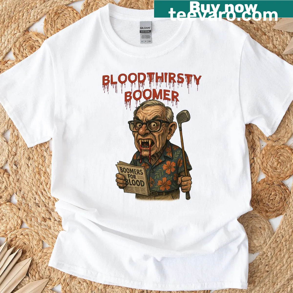 T-shirt with the bold phrase: Bloodthirsty Boomer — on a men's t-shirt