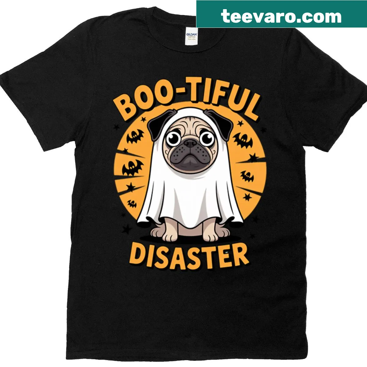 Funny Halloween T-shirt with a pug ghost design — on a men's t-shirt