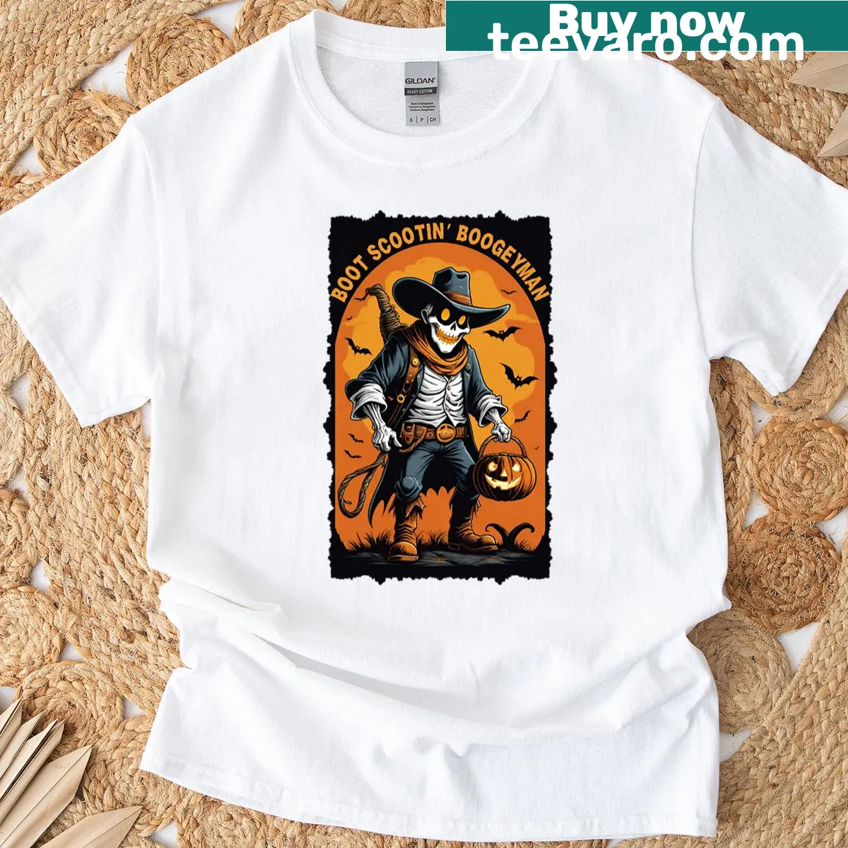Cartoon cowboy skeleton graphic on an oversized t-shirt — on a men's t-shirt