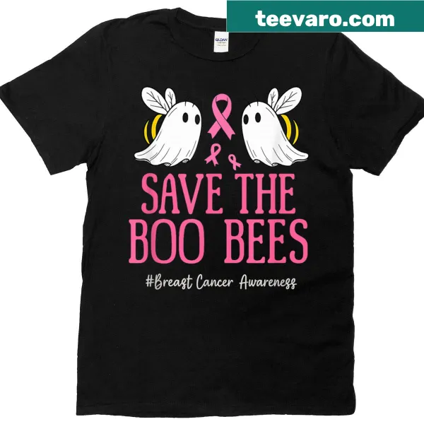 Halloween-themed t-shirt with a ghost, pink ribbon, and bees