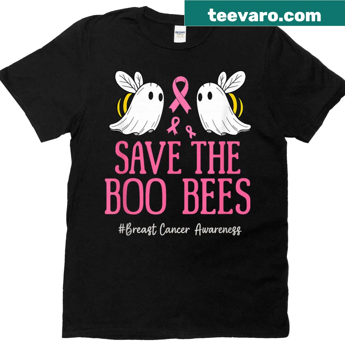 Halloween-themed t-shirt with a ghost, pink ribbon, and bees — on a men's t-shirt