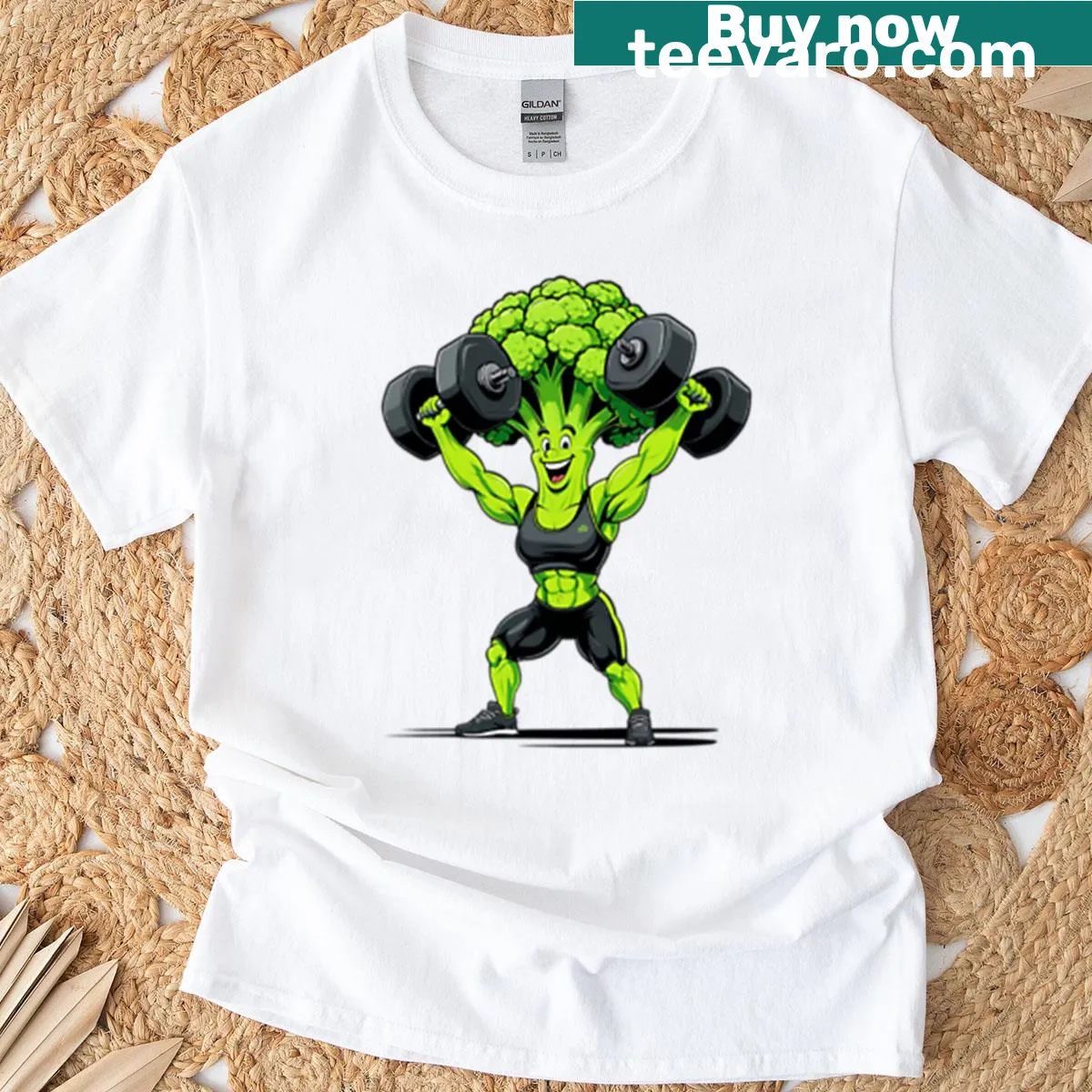 Playful broccoli illustration for gym club theme — on a men's t-shirt