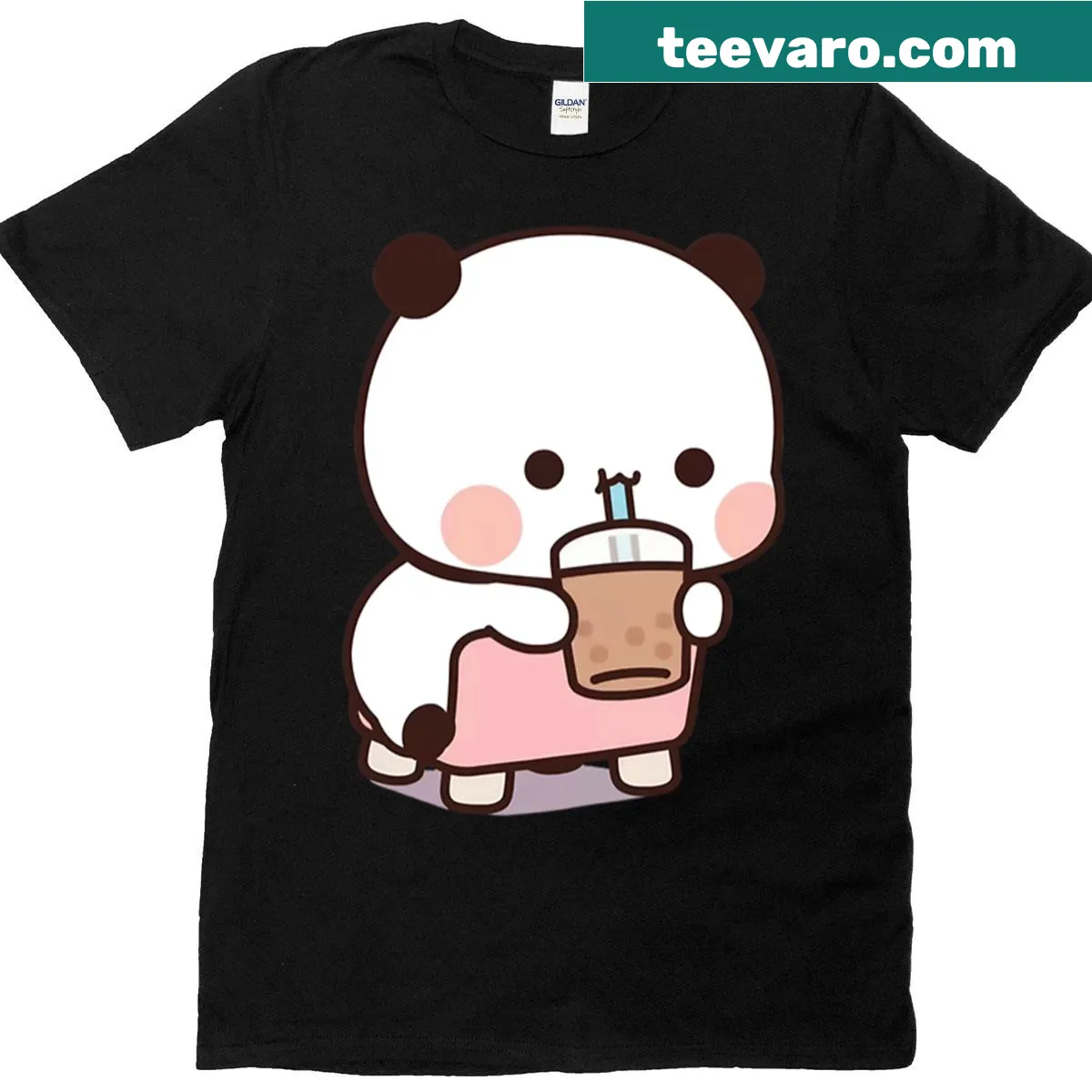 Cartoon Bubu character enjoying boba tea on a t-shirt — on a men's t-shirt