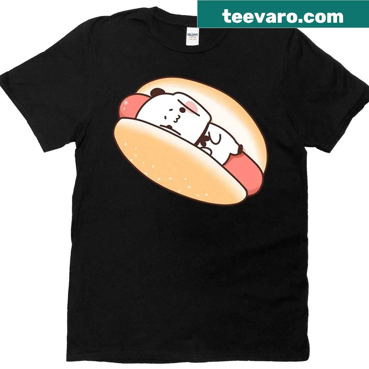Cartoon of Bubu squished between a hot dog in a playful design — on a men's t-shirt